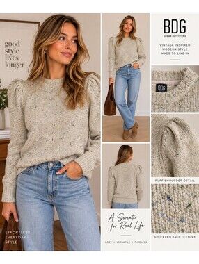 BDG Urban Outfitters Women’s Medium Speckled Knit Puff Shoulder Crewneck Sweater
